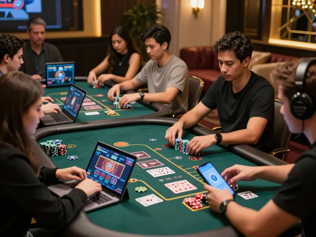 Engaged players enjoying live baccarat at a stylish online 바카라사이트 virtual casino in an interactive gaming environment.