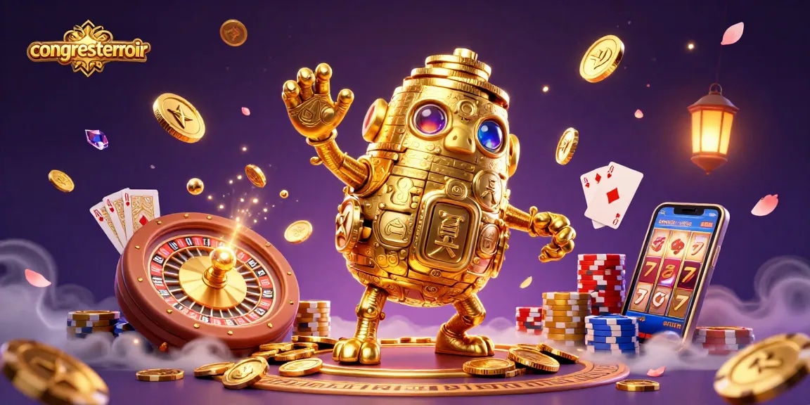 Experience thrilling gaming with congressterroir's golden golem surrounded by cascading elements.