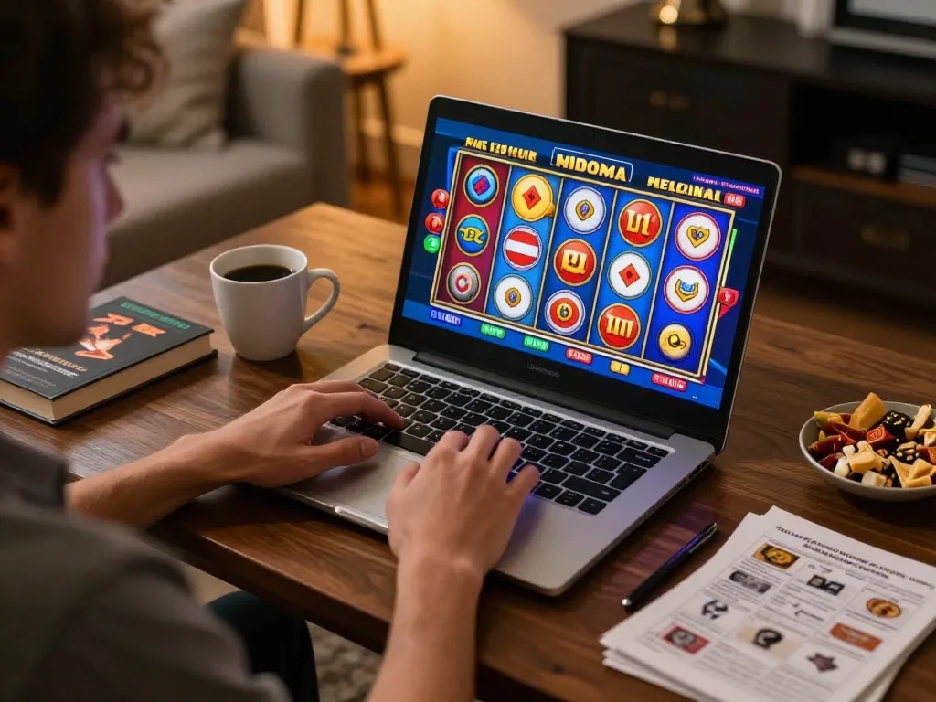 Player spinning slot machine reels on a laptop in a cozy home, emphasizing engaging online gaming.