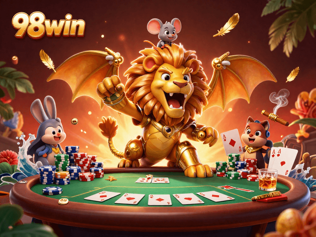 Engage in thrilling gameplay with 98win at a vibrant poker scene featuring rich colors and dynamic elements.