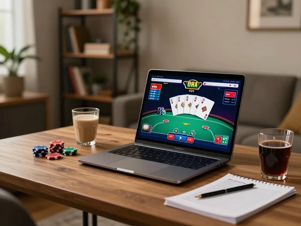 A player strategizing at the cozy online setup for 98win vin poker gameplay.
