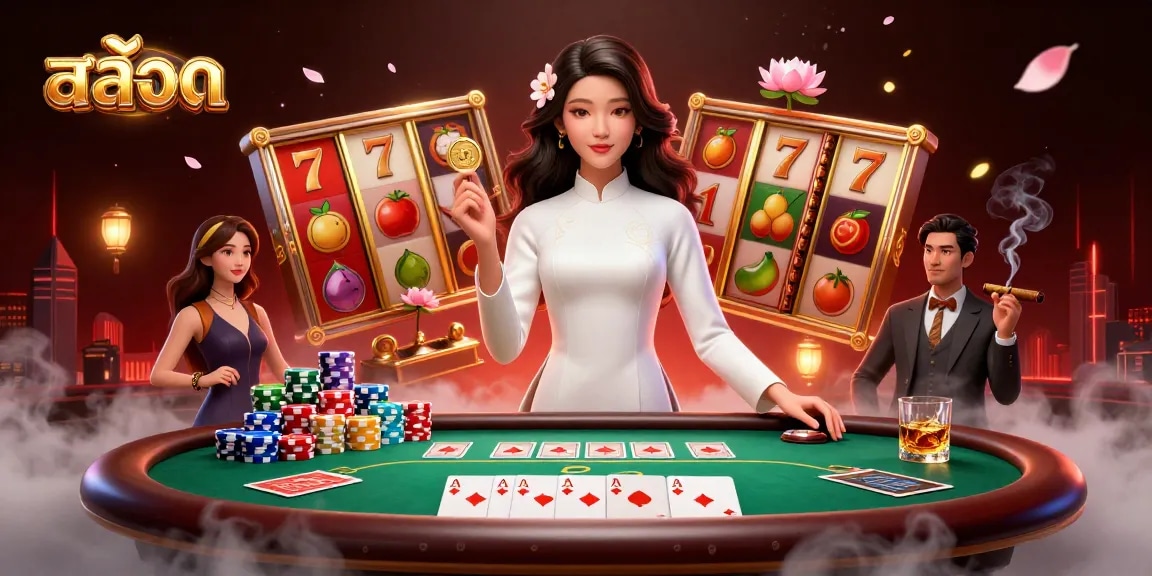 Experience สล็อต excitement with dynamic slot symbols and characters in a vibrant casino scene.