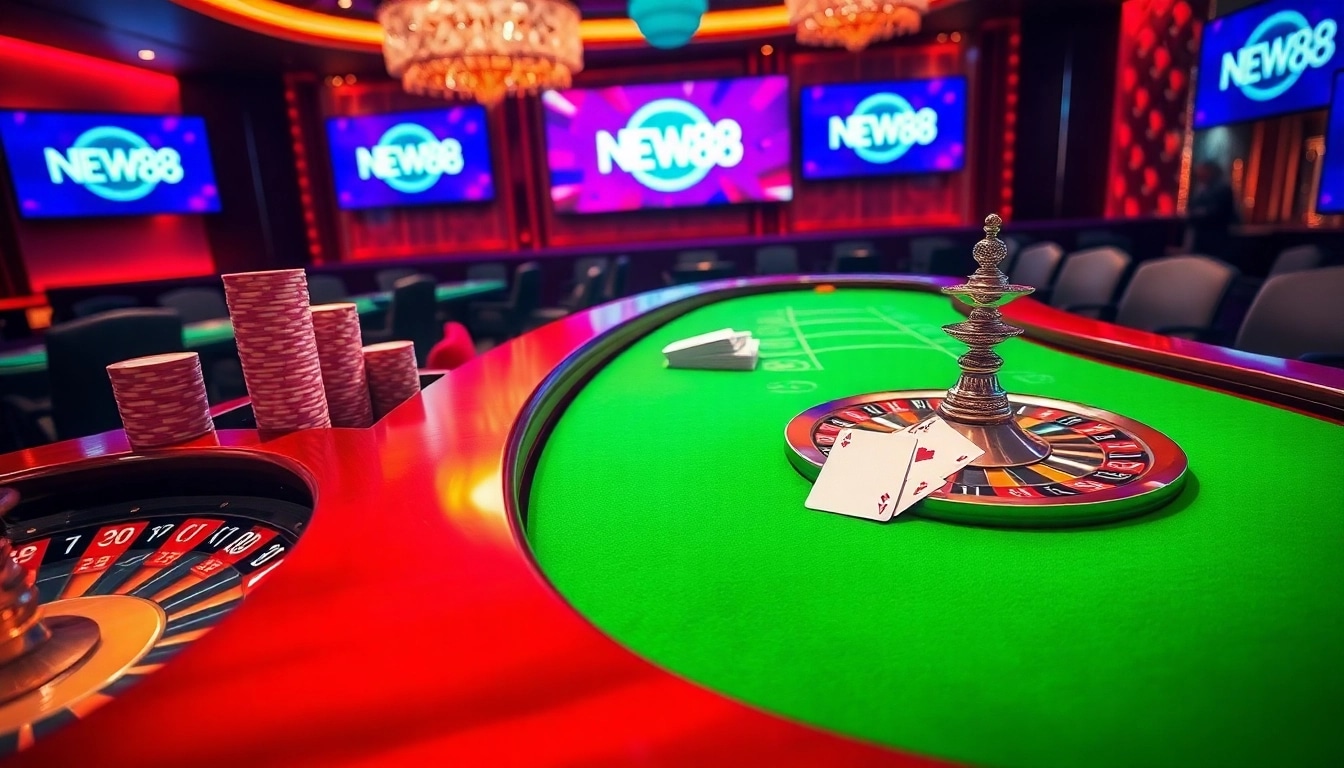 Exciting scene highlighting NEW88 casino games with vibrant chips, cards, and roulette wheel.