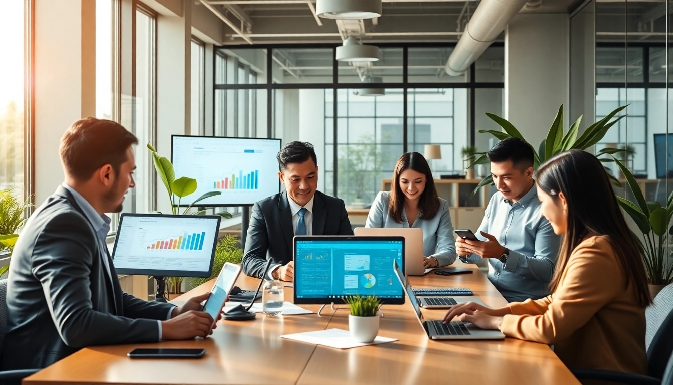 Office professionals using WPS办公 software in a bright, collaborative environment showcasing efficiency and innovation.