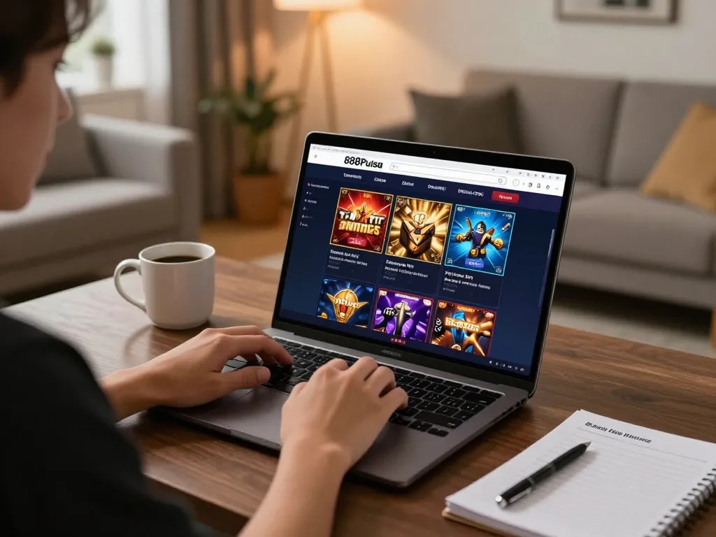 Pemain yang terlibat menjelajahi platform kasino online 88Pulsa di rumah dengan pengaturan permainan modern