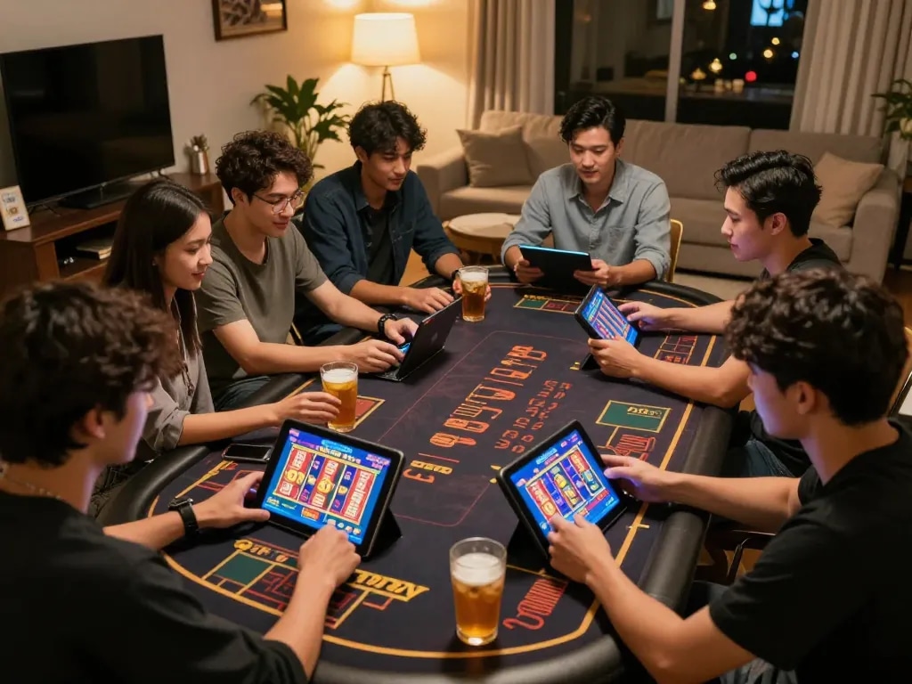Engaging in slot bet kecil at home, friends enjoying online gameplay while discussing strategies