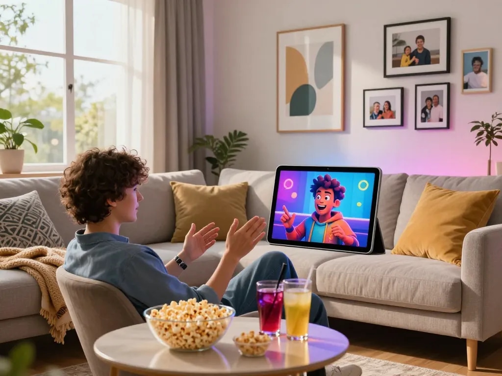 Engaging in spicy chat with an AI character in a cozy modern living room.