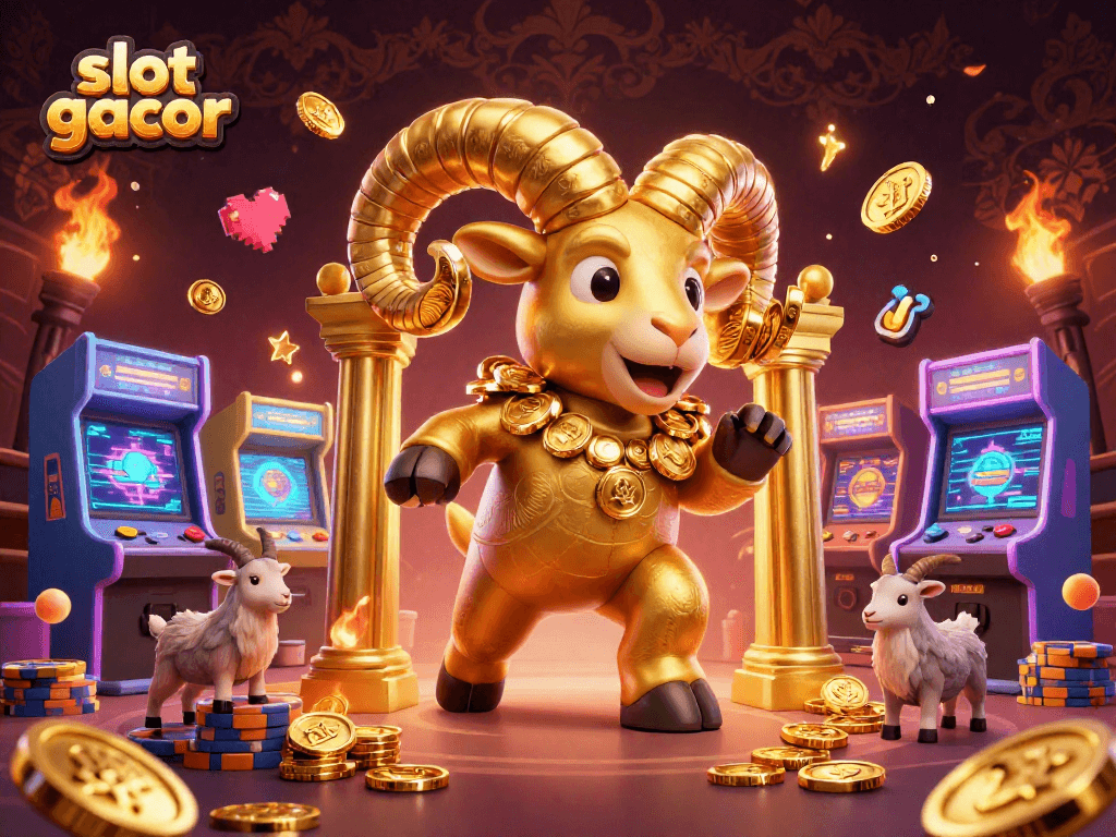 Visualisasi menarik dari slot gacor dengan domba emas dan elemen permainan kasino yang dinamis.