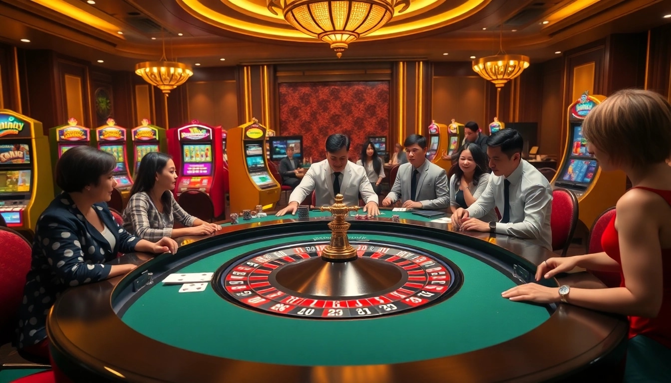 Experience luxury gaming at nk88.luxury with vibrant roulette and poker tables highlighting casino excitement.