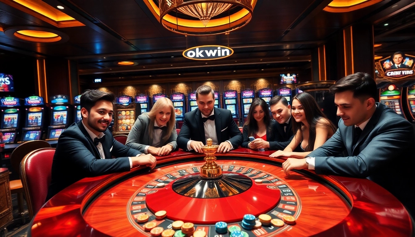 Experience thrilling casino action at okwin with a luxurious roulette table and excited players.