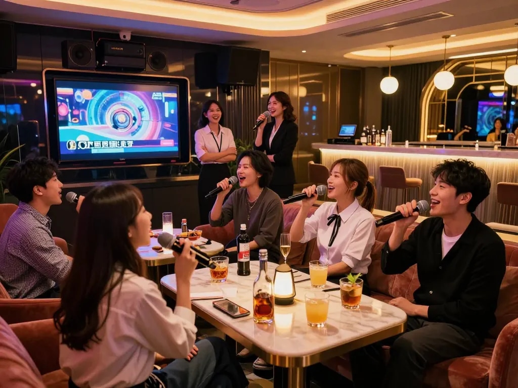 Enjoying a luxurious karaoke experience at www.gangnamtune.com with friends in a vibrant atmosphere