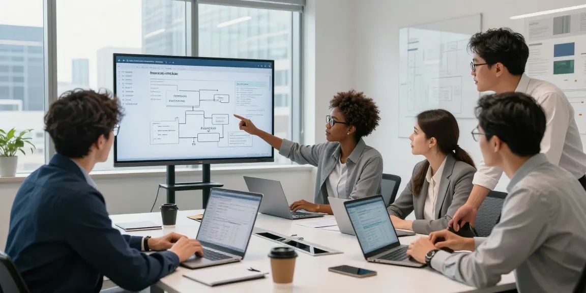 Team collaborating to detect fraud invoice using advanced AI technology in a modern office.