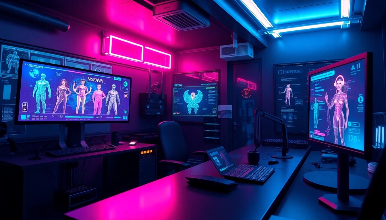 AI NSFW creative workspace with futuristic digital interfaces and holographic displays.
