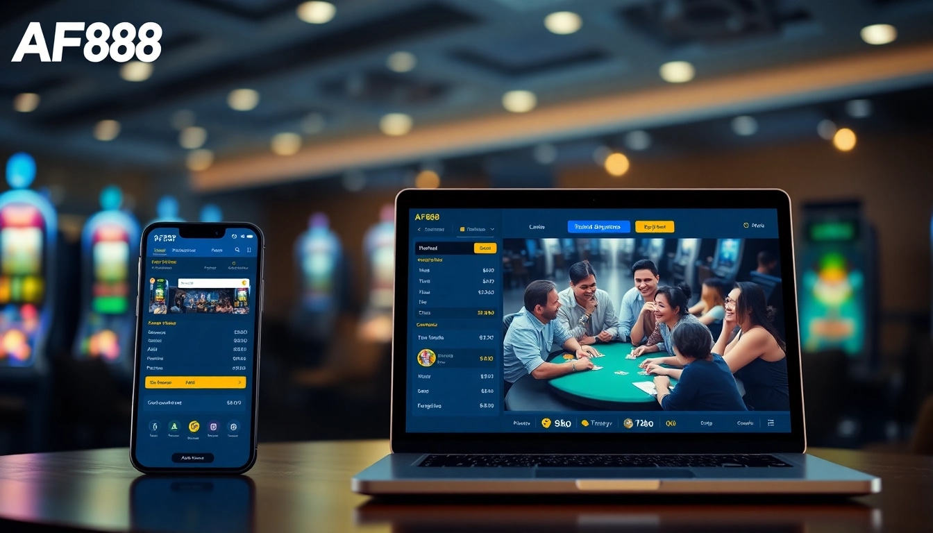 AF88 online betting platform displayed on a smartphone and laptop with users engaging happily.