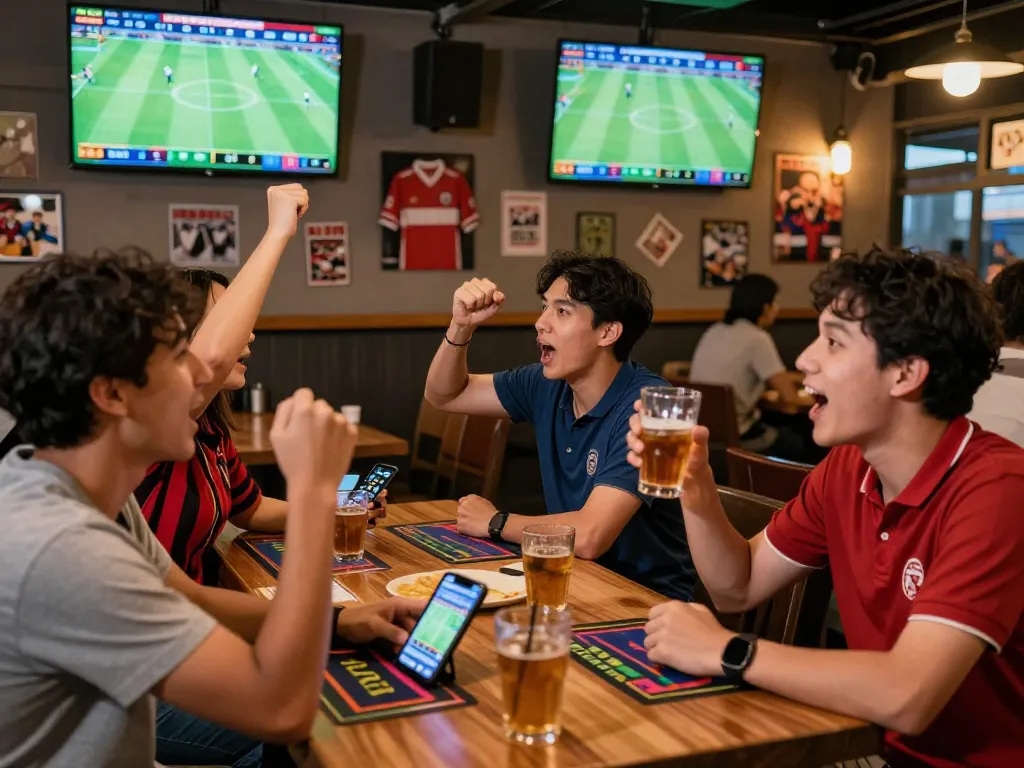 Cheering patrons engaged in sports betting, reviewing keonhacai 5 odds on smartphones in a lively bar.