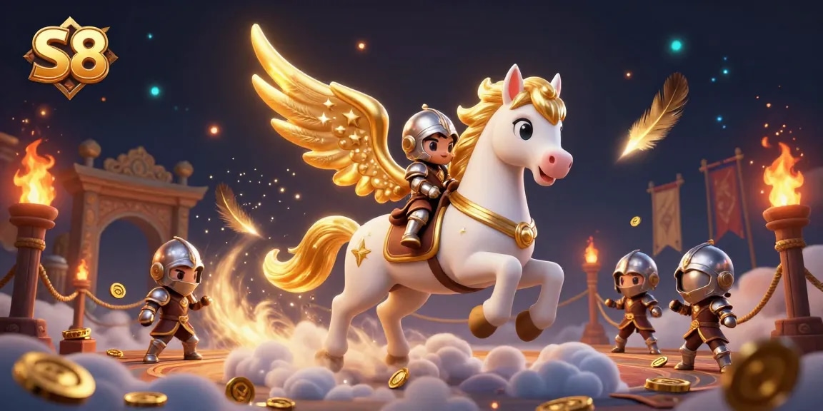 S8 showcases thrilling gameplay and excitement with a golden winged horse and knight in a casino setting.