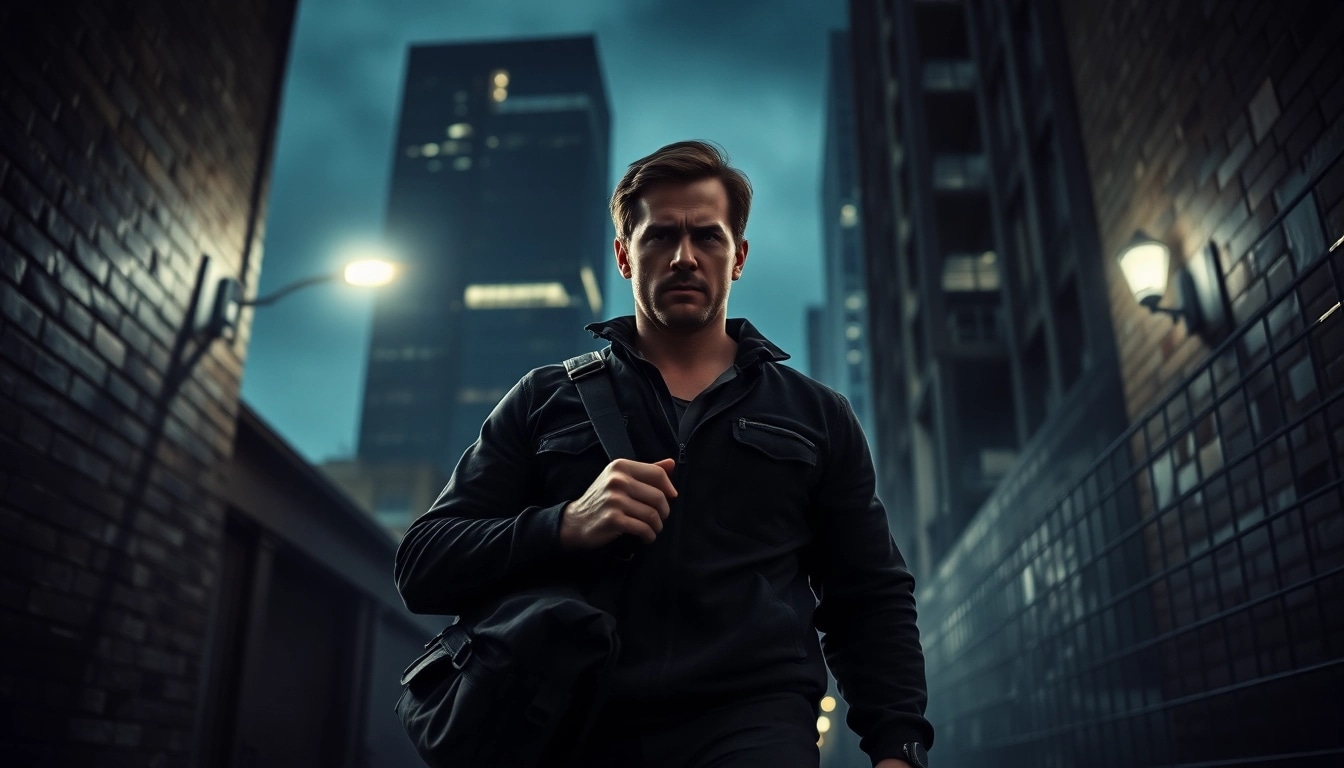 Action hero inspired by Better than Jack Reacher stands in a gritty urban alleyway.