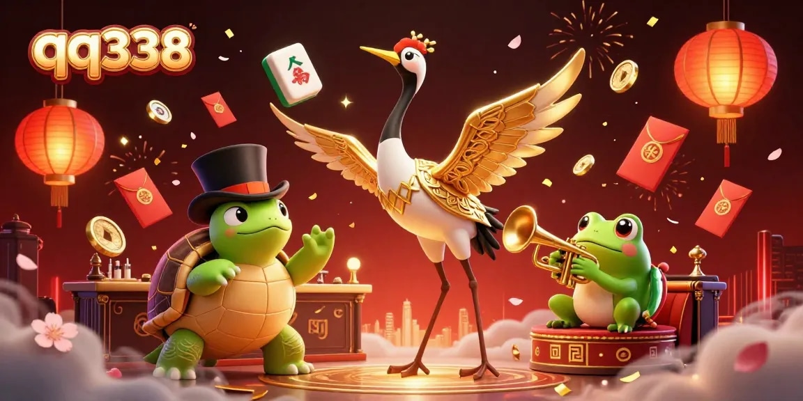Experience thrilling gaming at qq338 with a lively 3D illustration of casino characters and festive elements.