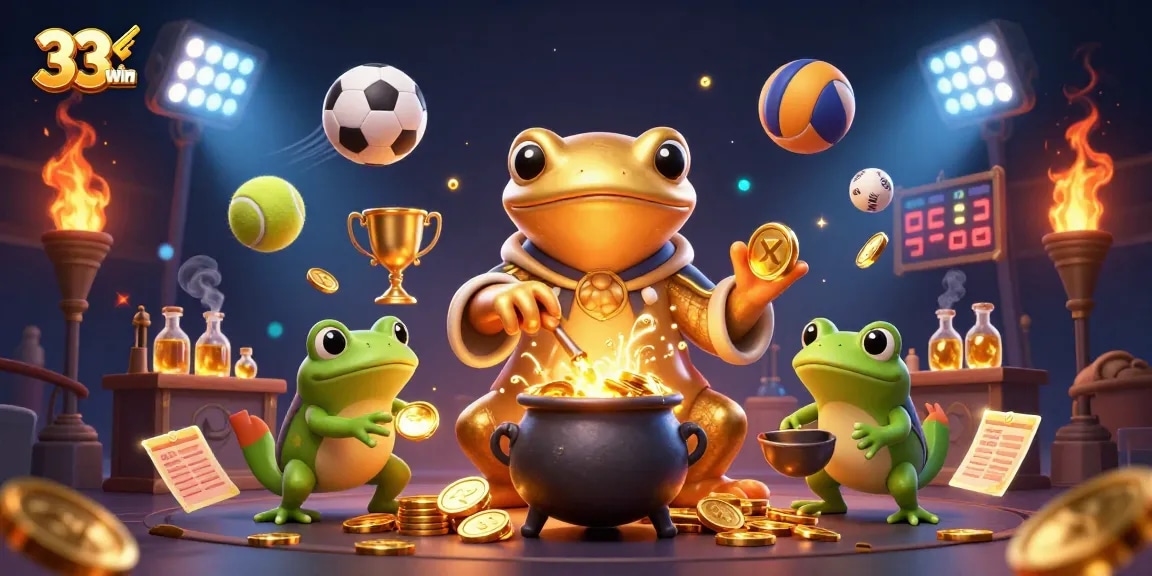 Experience the thrill of gaming at 33win with dynamic sports elements and golden coins in a captivating scene.