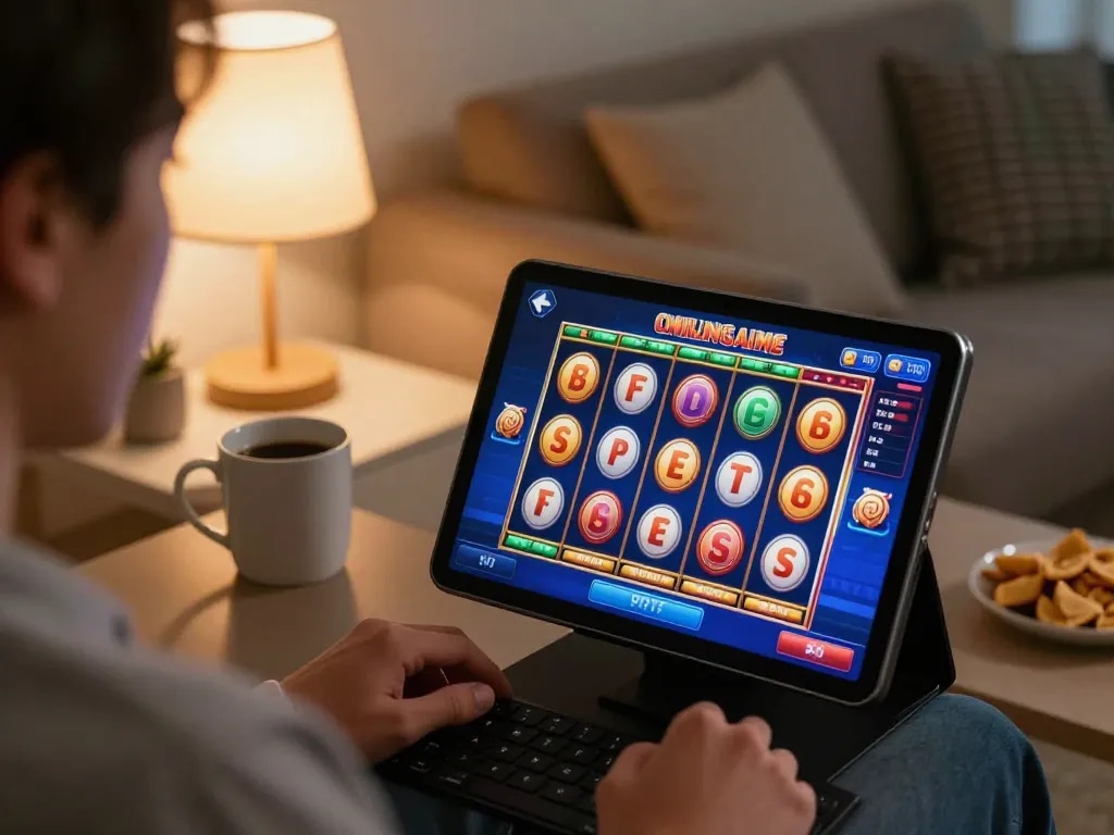 Mesingg login screen showing vibrant slot game as player engages from home