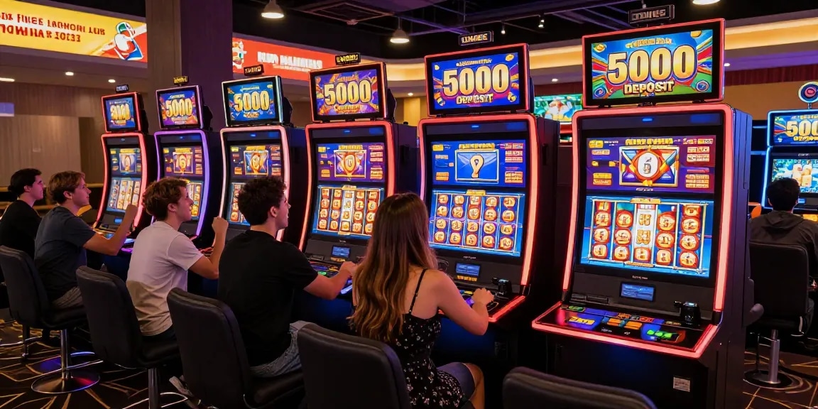 Players enjoying diverse games in a vibrant online casino featuring slot depo 5000 options, with animated jackpots and promotions.