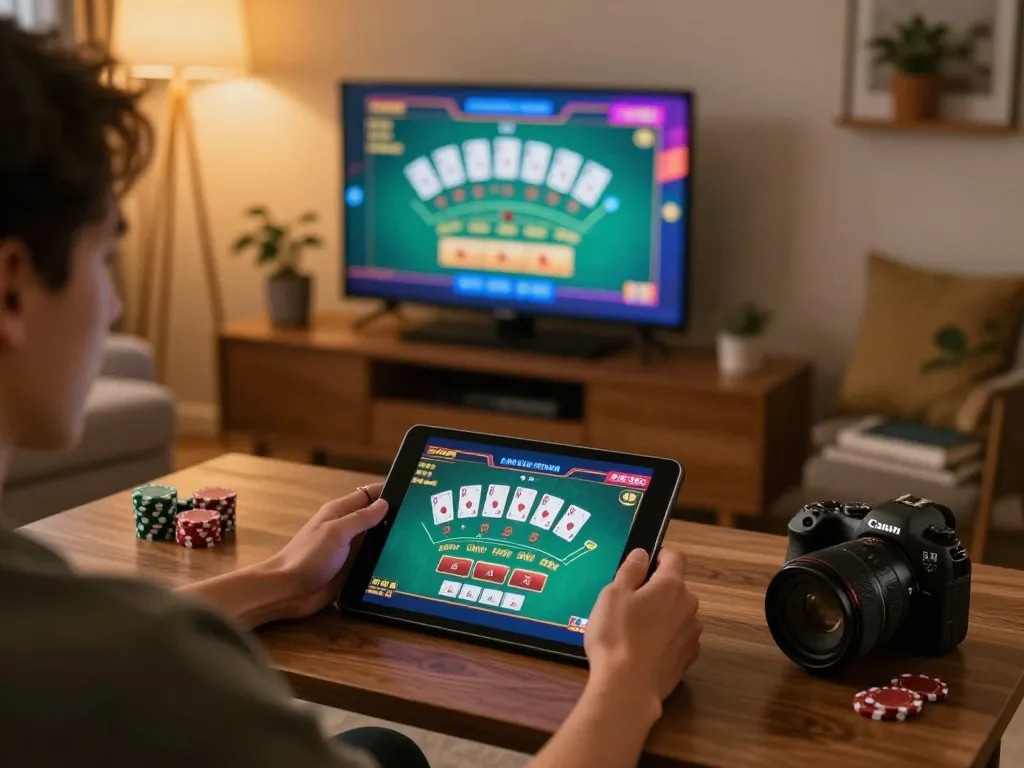Engaging in online casino gameplay via Link MM88 with a cozy home setup featuring vibrant screens and intimate atmosphere