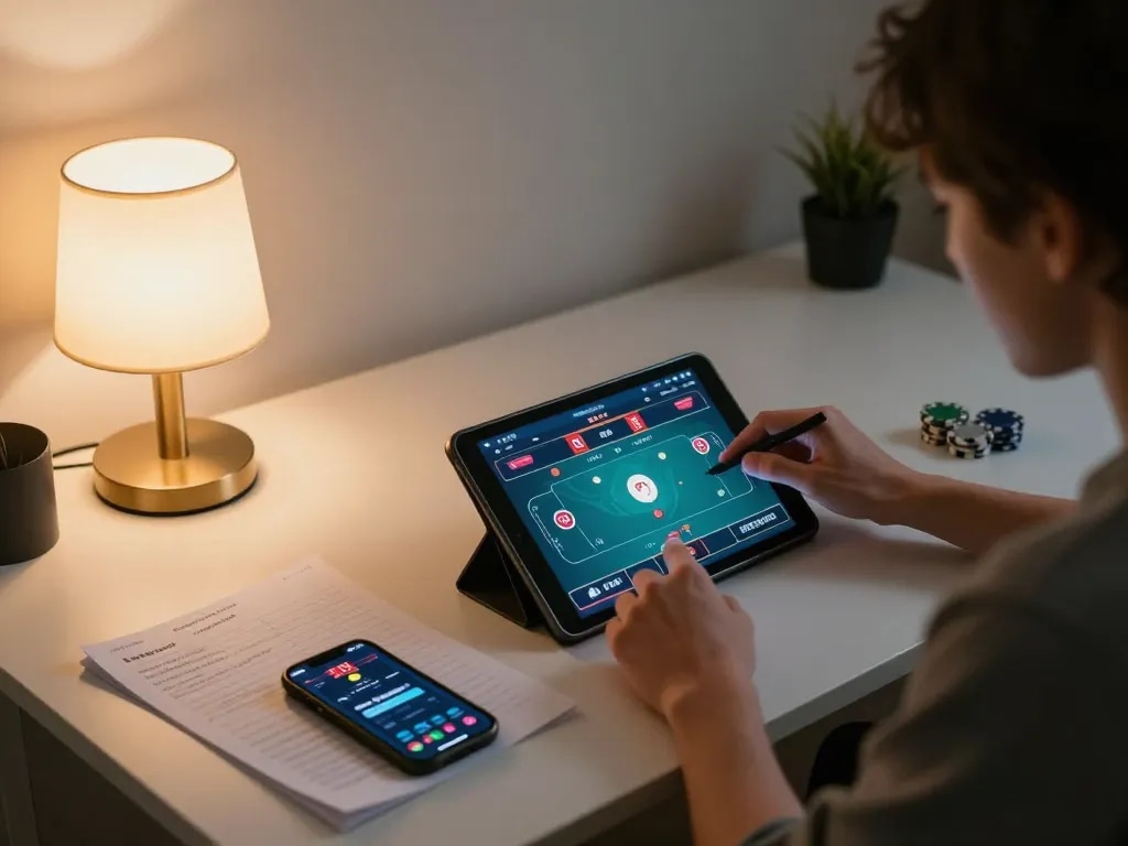 Engaged player using KP88 tablet for online poker at home, showcasing strategic gameplay environment.