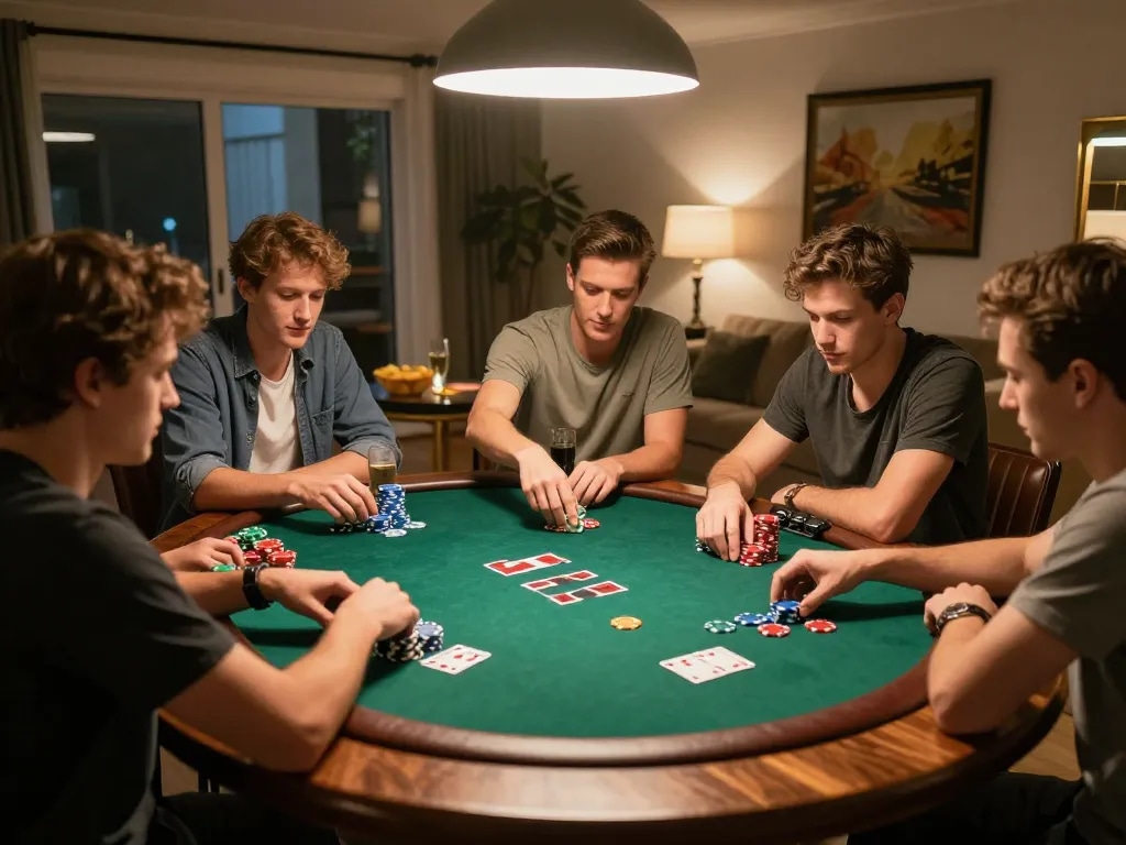 Friends enjoying an engaging poker game at home, showcasing manclub camaraderie, competitive spirit, and gaming strategy.