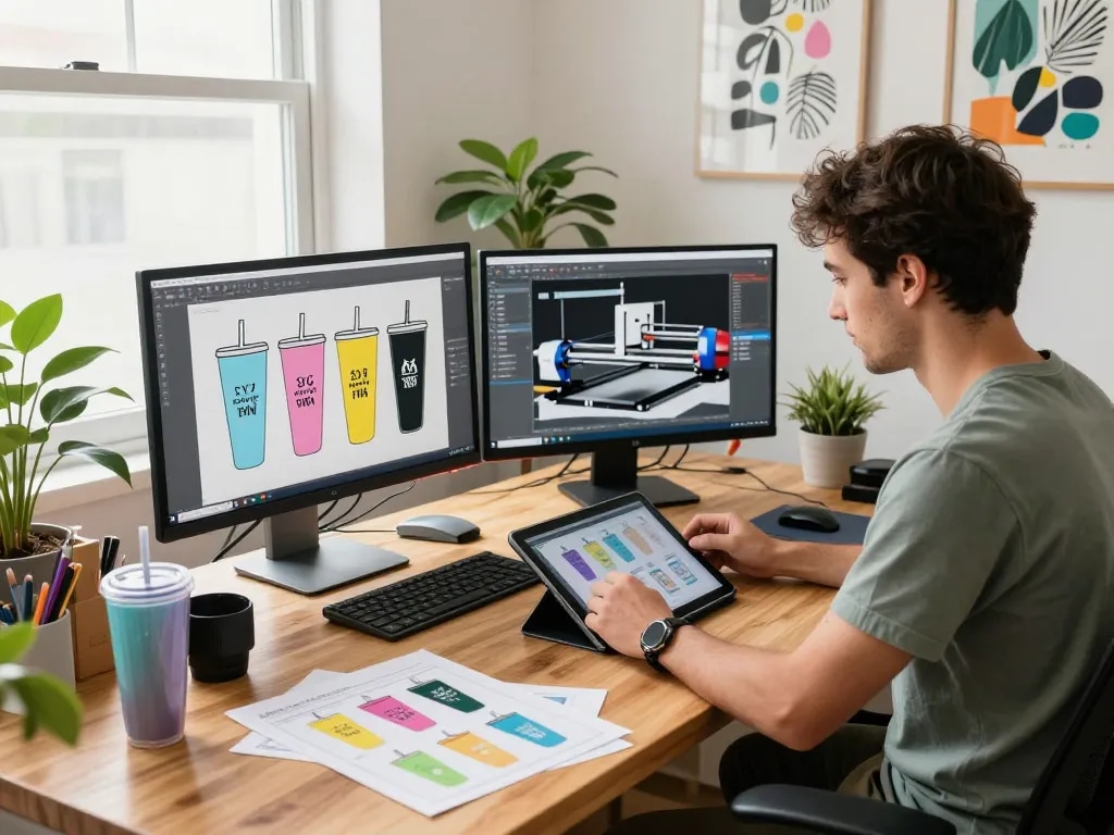 Designer creating tumbler SVG bundle designs in a vibrant workspace, filled with colorful artworks.