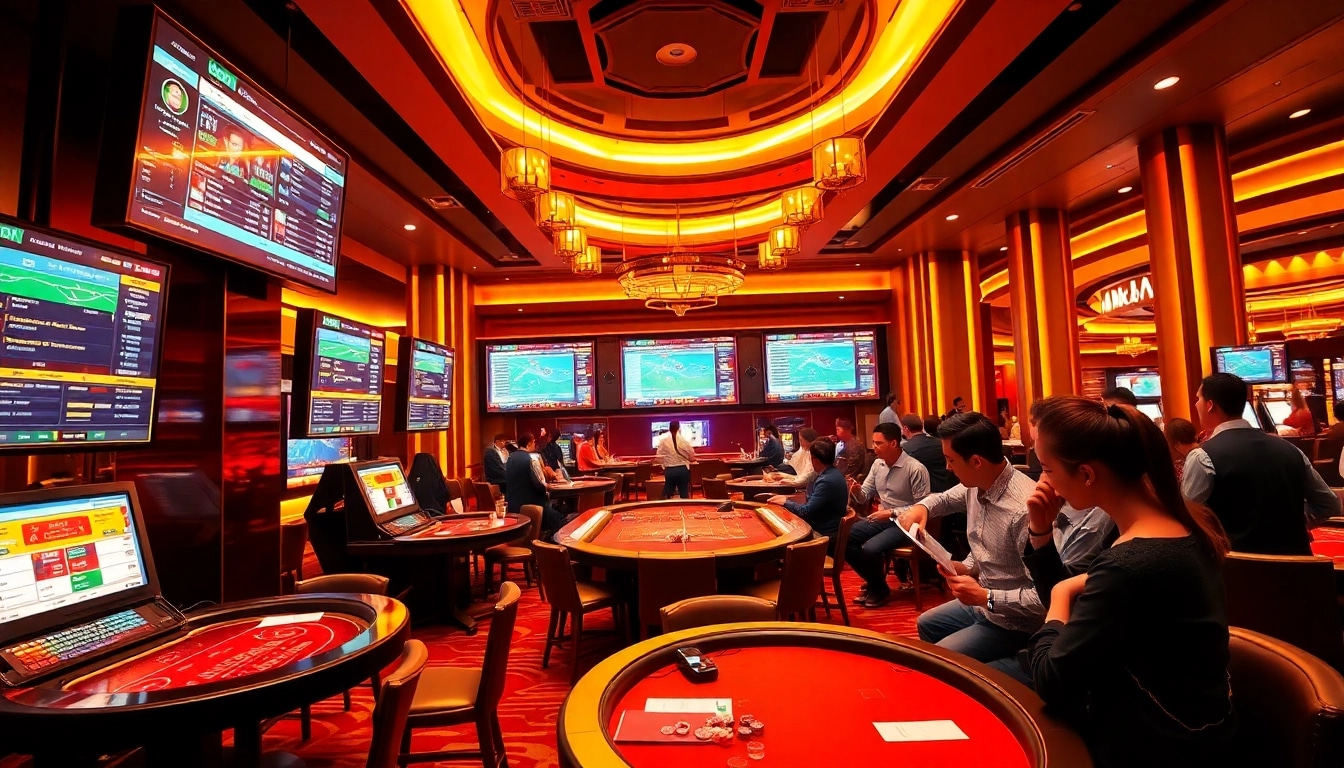 Engaging sports betting scene featuring sbobet link alternatif on multiple screens with excited players.