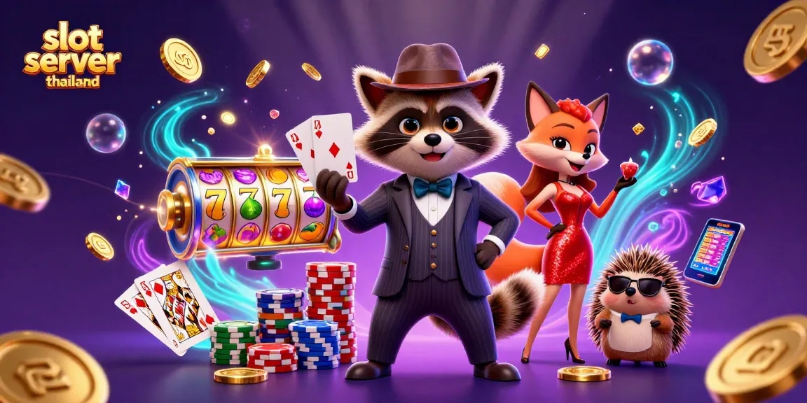 Experience thrilling wins at slot server thailand with a cartoon raccoon holding a royal flush
