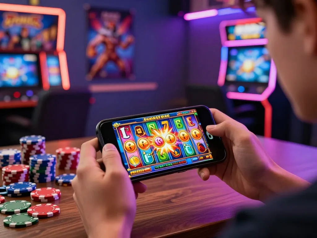 Exciting popotogel gaming moment with smartphone displaying colorful slot game and vibrant tokens in a lively gaming room