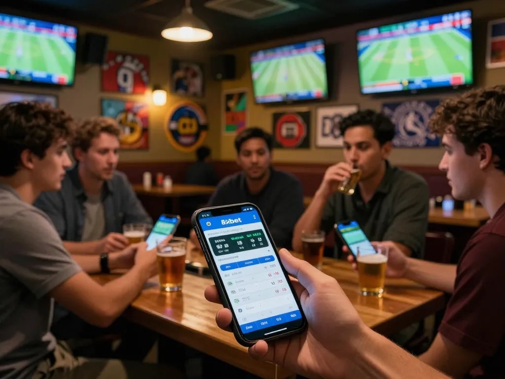 Excited sports fans placing bets using nhà cái 8xbet app in a vibrant sports bar setting