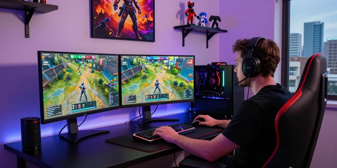 PROOFCORE gamer intensely focused on Fortnite gameplay in an RGB lit workspace, showcasing sleek monitors and gaming gear.
