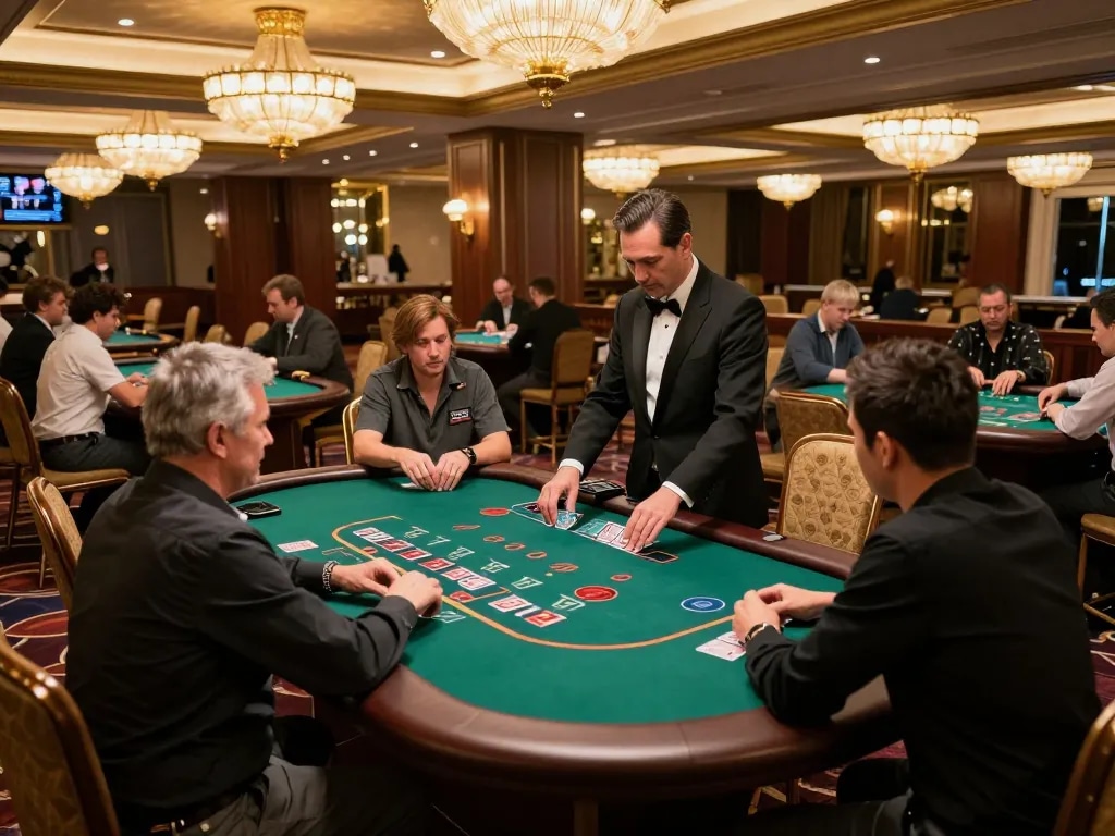 Engaged players at 32win blackjack tables in a glamorous casino, exploring strategic gameplay