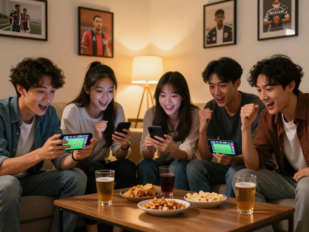 Friends placing bets on BK8 mobile app while watching a sports game together.