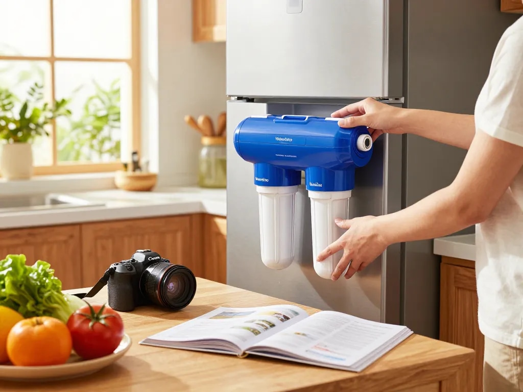 Homeowner installing Waterdrop Maxblue EDR3RXD1 Replacement for 4396841 filter in a bright kitchen filled with fresh produce.
