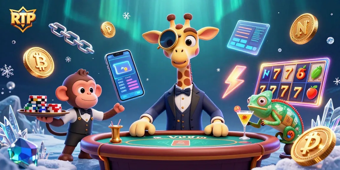 Experience RTP with engaging 3D casino characters and dynamic slot game elements in this vibrant illustration.