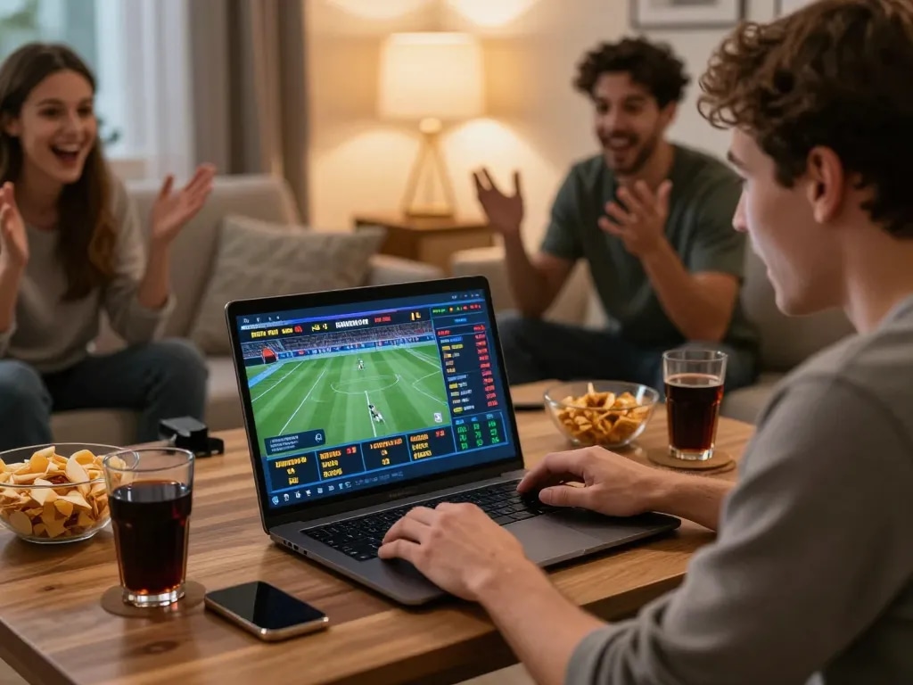 Person engaging in strategic sports betting on NK88.com from a cozy living room environment.