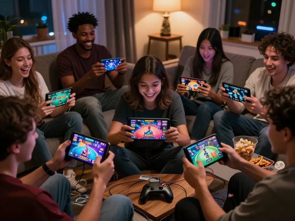Players enjoying online games on mobile devices with autowin88 in a cozy living room.