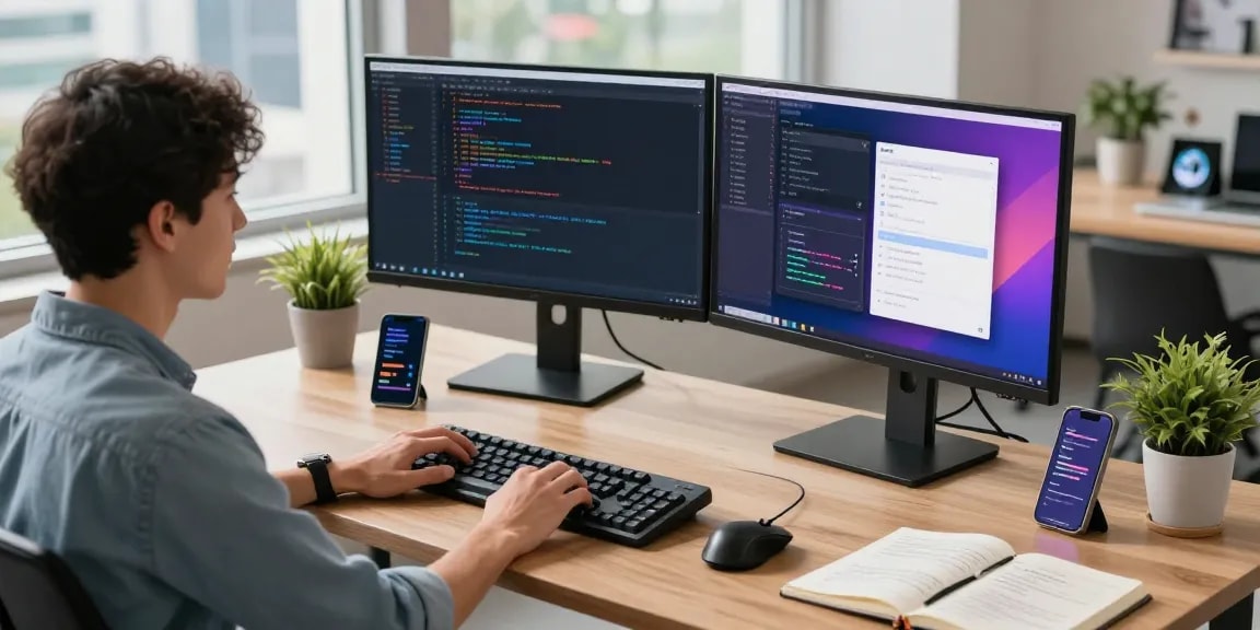 Engaging tech workspace showcasing a developer coding, emphasizing 纸飞机中文版官网 integration.