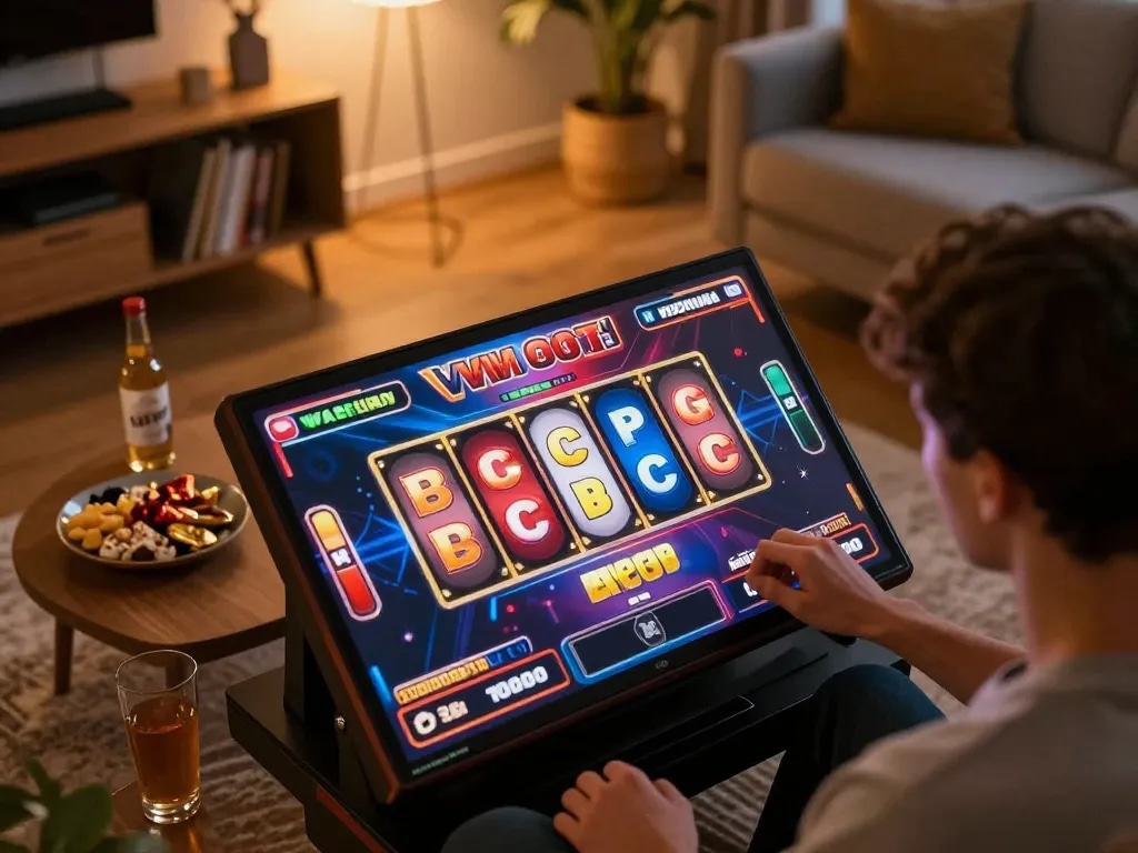 Engaging with สล็อต online slot game on mobile device in a cozy setting.