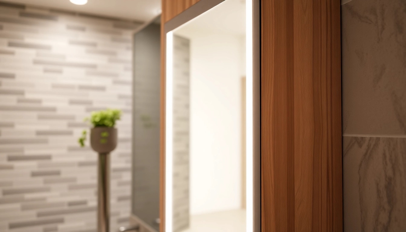 Spiegelschrank led im modernen Badezimmer mit stilvoller Beleuchtung und elegantem Design präsentieren.