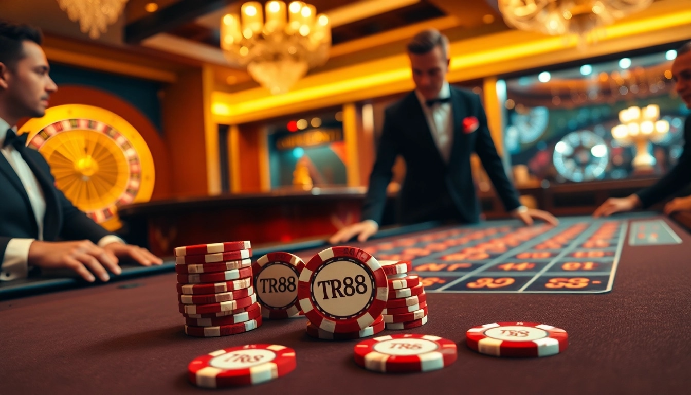Players strategizing with TR88 poker chips at a luxurious gambling table.