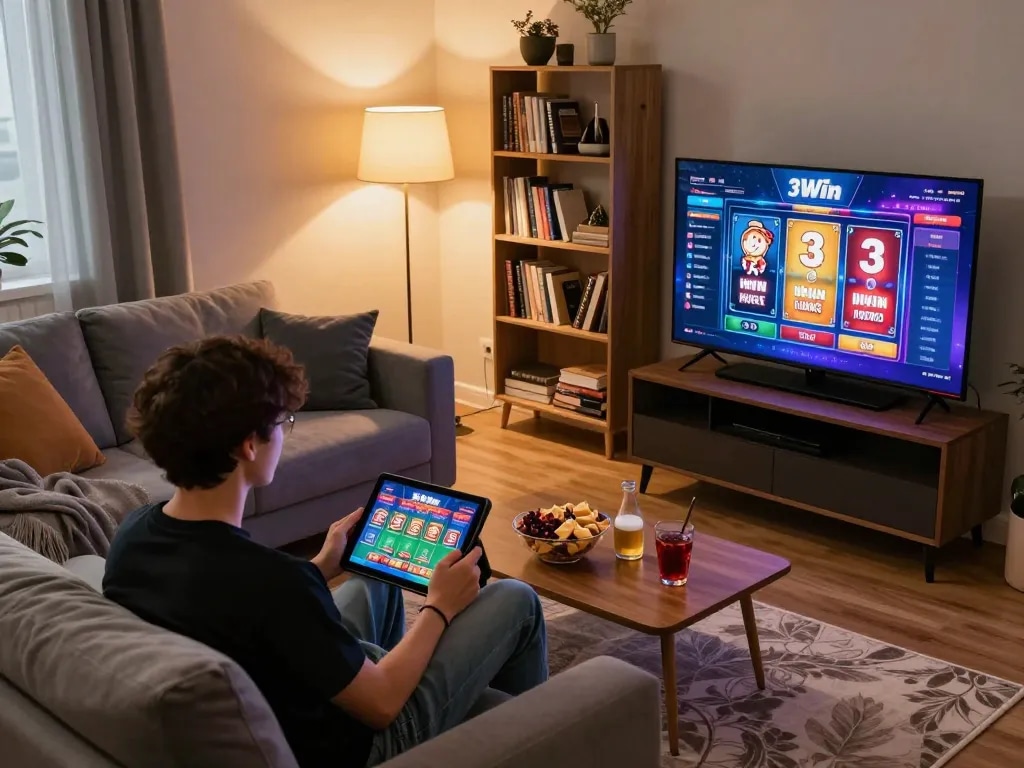Engaged player exploring 3Win online casino platform in a cozy home setting.