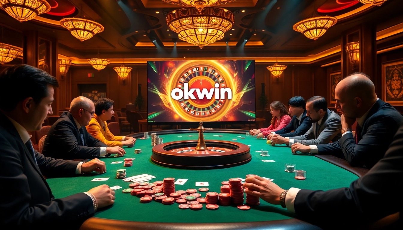 Players enjoying a thrilling poker game at okwin casino with vibrant chips and cards.