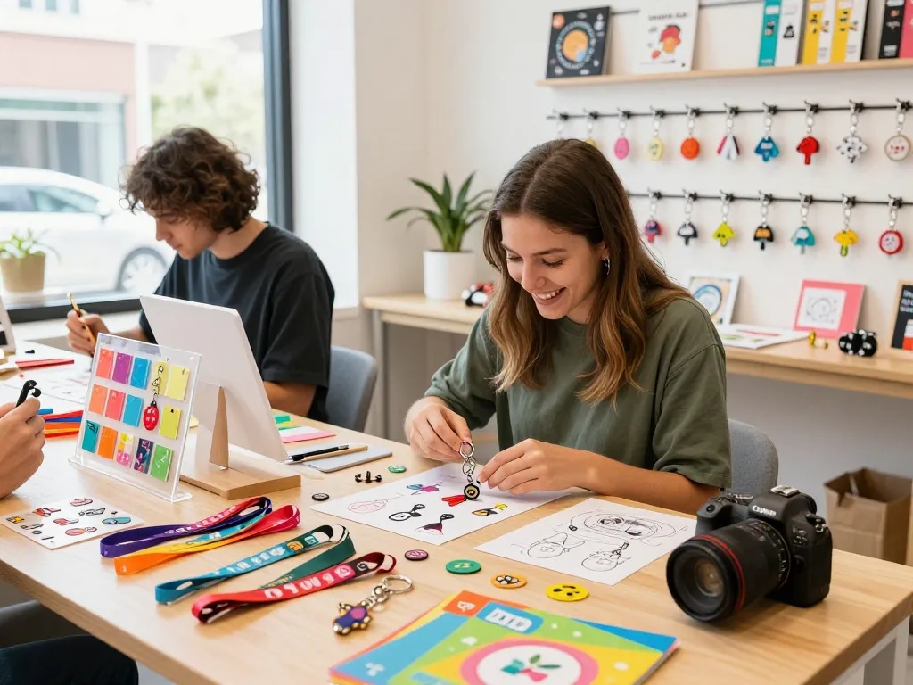Creating custom key chains with vibrant materials and designs in a bright workspace.