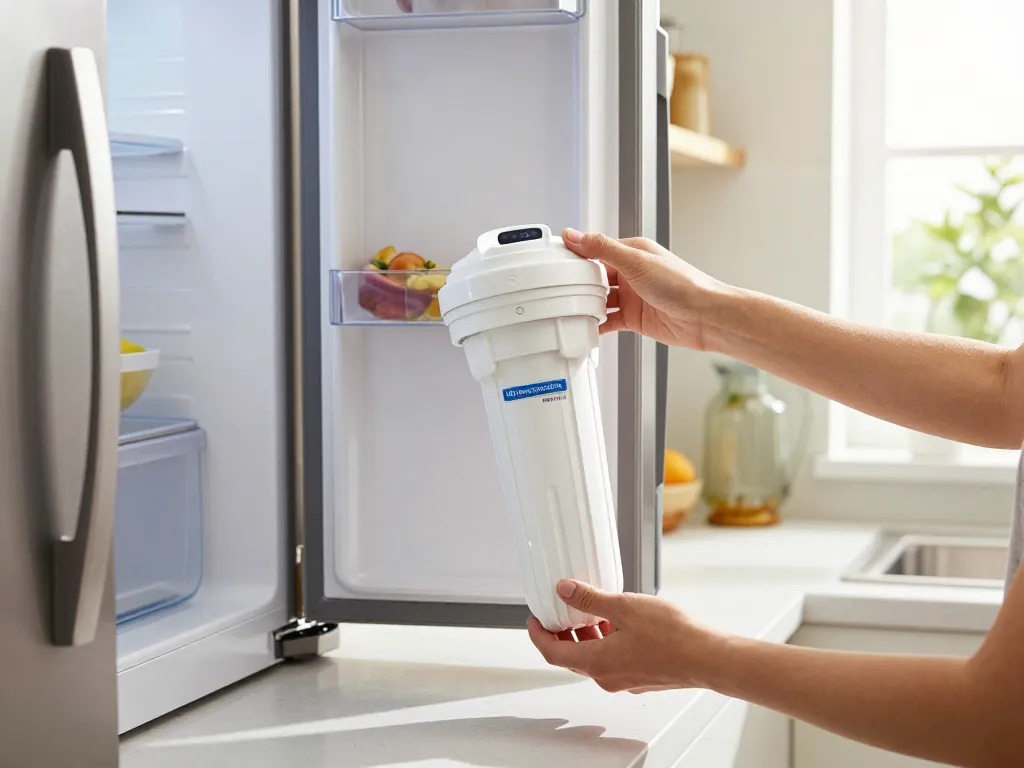 Waterspecialist Replacement for GE® RPWFE® filter change in a modern kitchen.