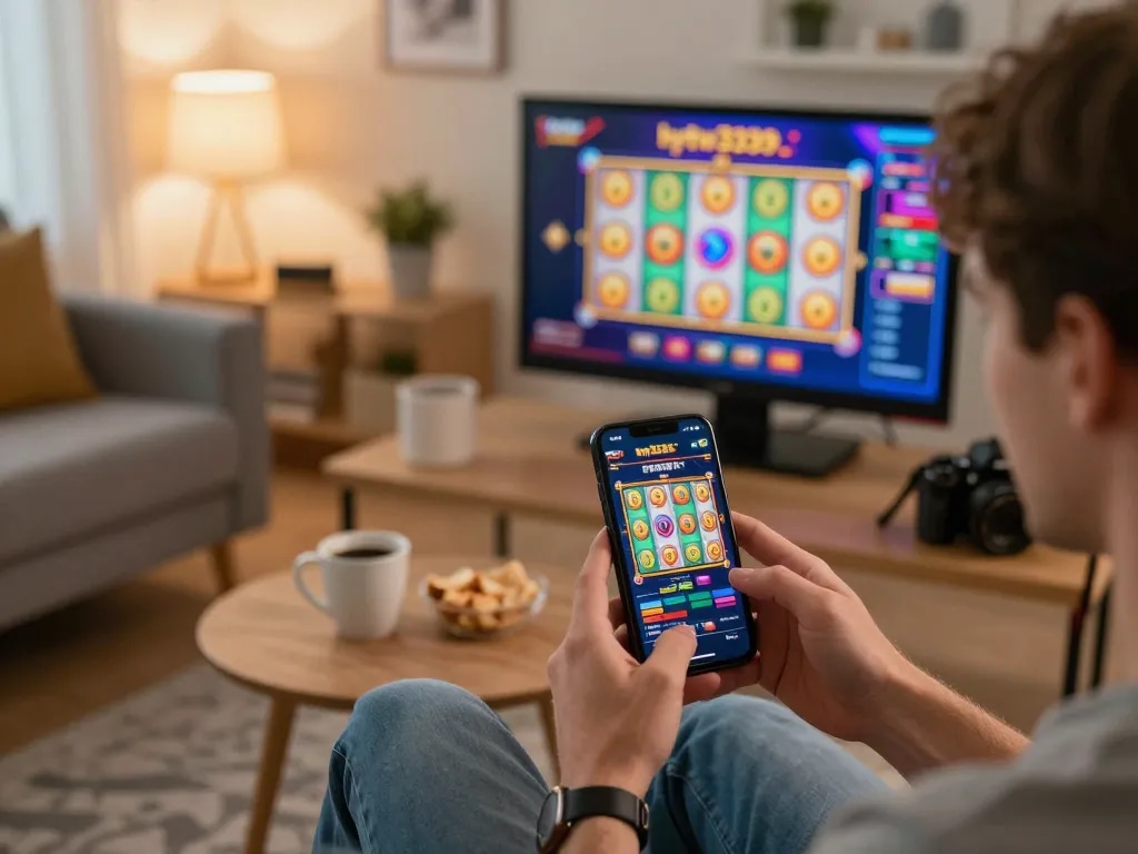 Player using hytw3339 com casino app for mobile gaming in a cozy living room setting