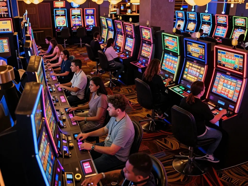 Players celebrating wins at vibrant slot gacor machines in a lively casino.